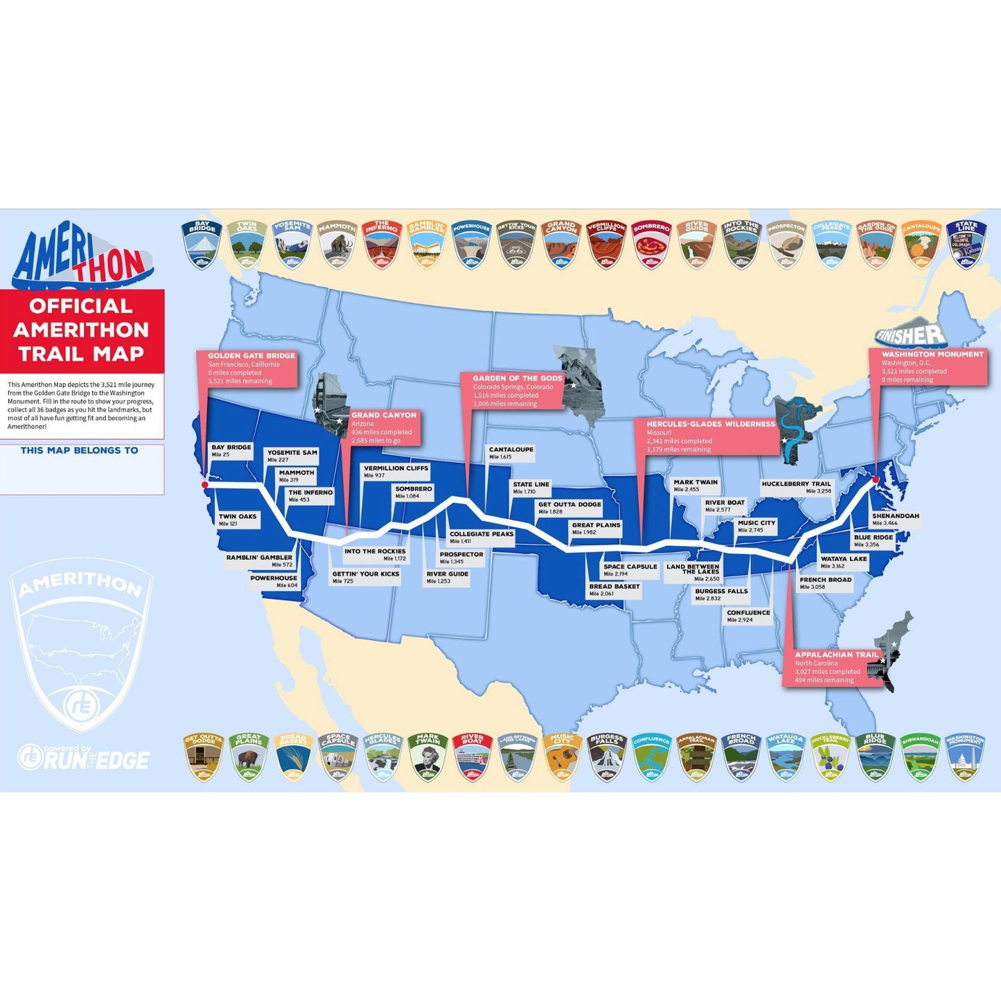 Amerithon Challenge Medal, Passport, Map, and Stickers ONLY (Not Registration) Virtual Fitness Challenge Medals | Run The Edge